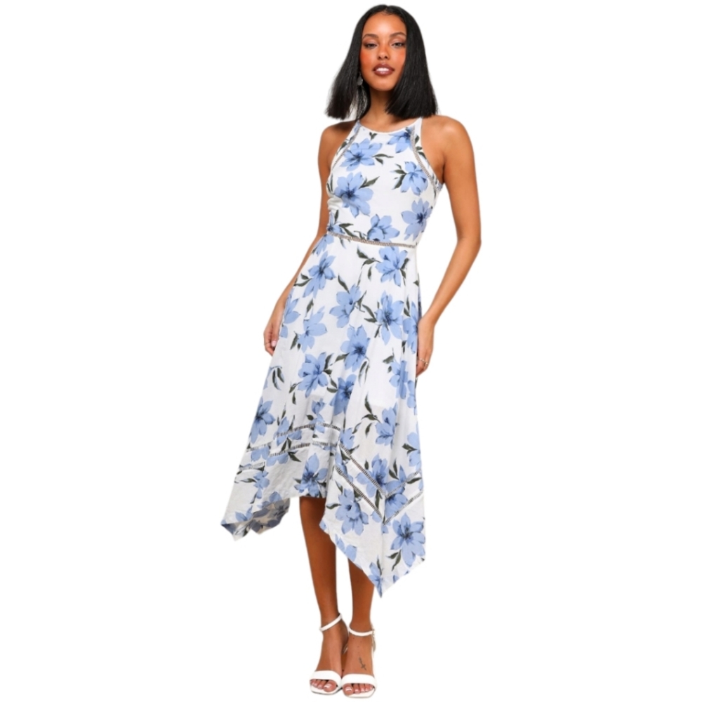 Lulus Zahara Blue and White Floral Print Midi Dress